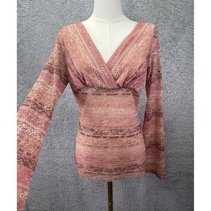 Vtg Paper Doll Lace Crochet Top Large Pink V Neck Babydoll Sheer Coquette Sheer